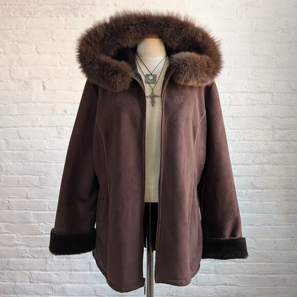 Vintage Brown Faux Suede Fox Fur Trim Coat Minimalist Mini Trench Boho Jacket - Picture 5 of 10